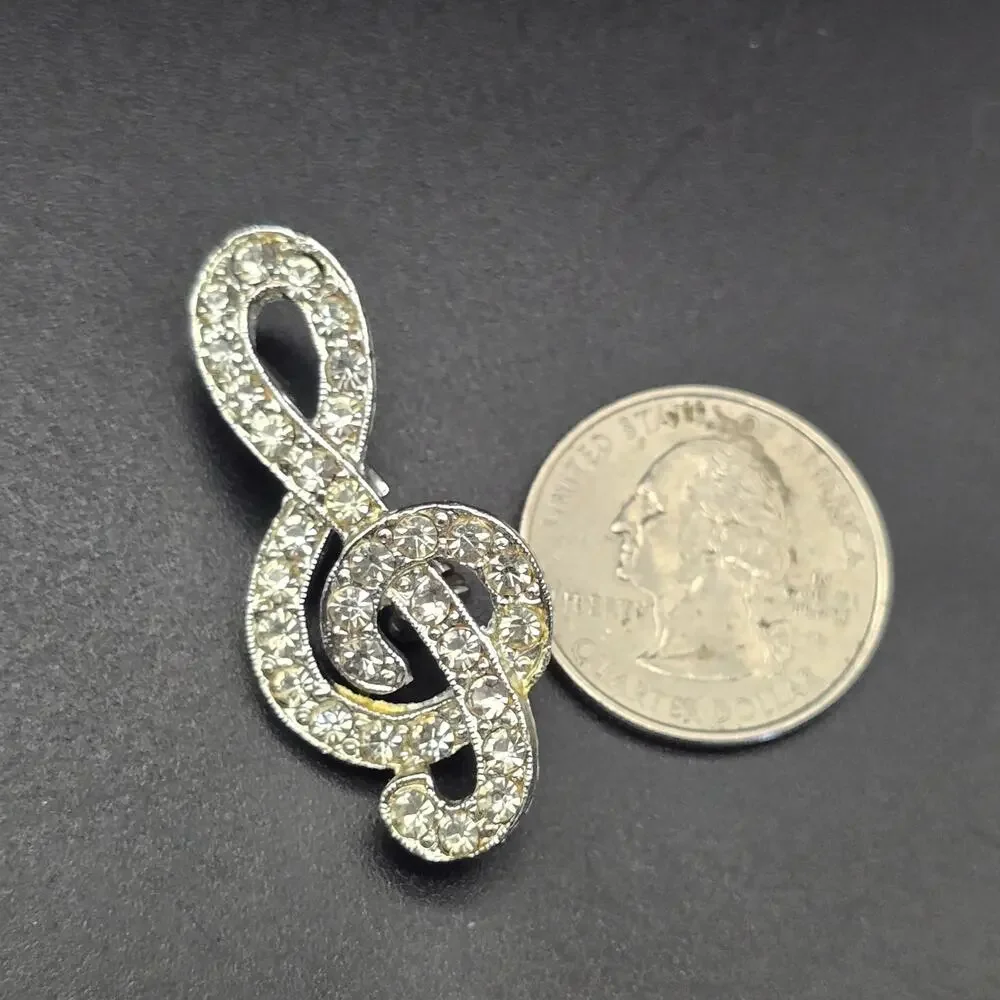 Rhinestone Treble Clef Brooch Music Note Vintage Costume Jewelry